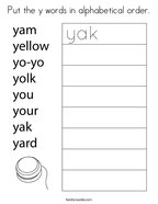 Put the y words in alphabetical order Coloring Page