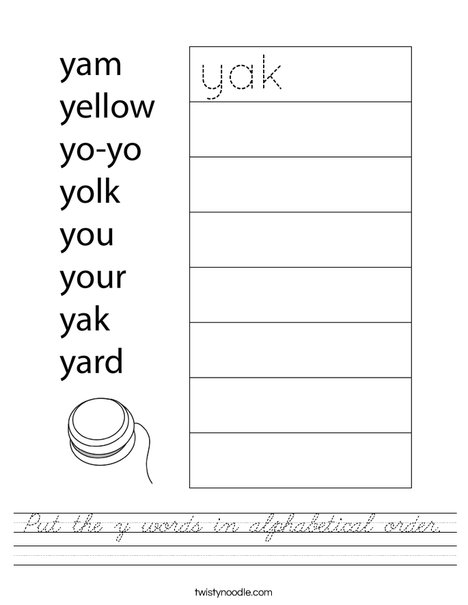 Put the y words in alphabetical order. Worksheet