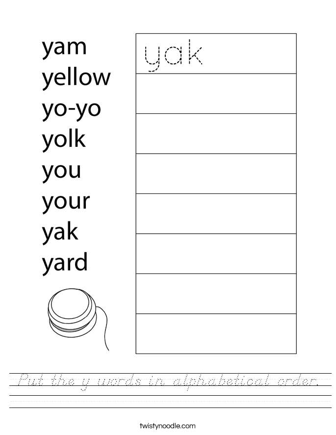 Put the y words in alphabetical order. Worksheet