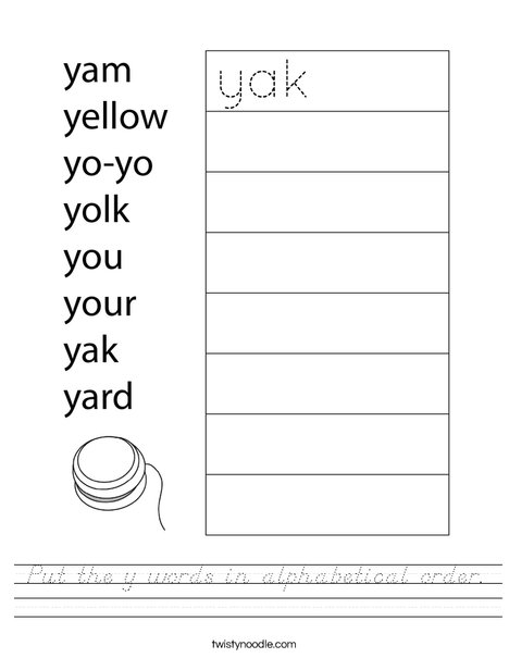 Put the y words in alphabetical order. Worksheet