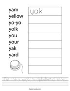 Put the y words in alphabetical order Handwriting Sheet