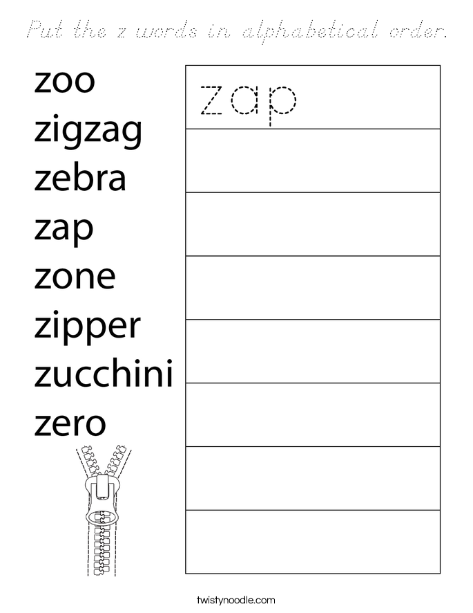 Put the z words in alphabetical order. Coloring Page