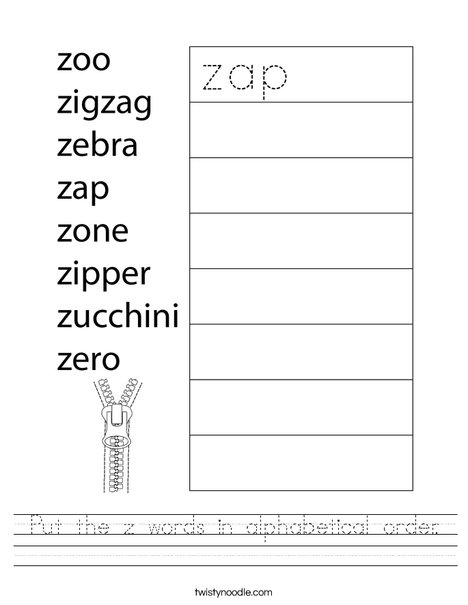 Put the z words in alphabetical order. Worksheet