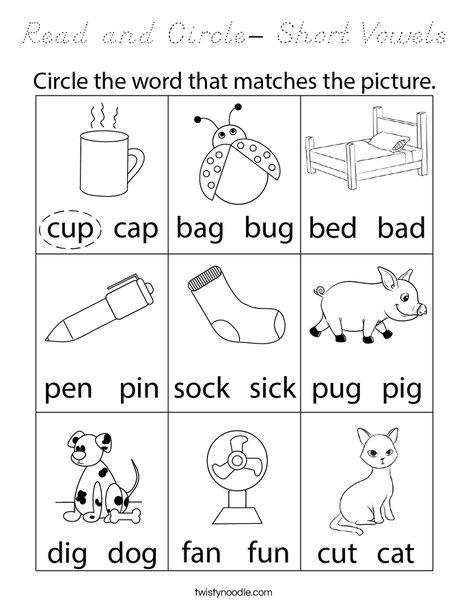 Read and Circle- Short Vowels Coloring Page