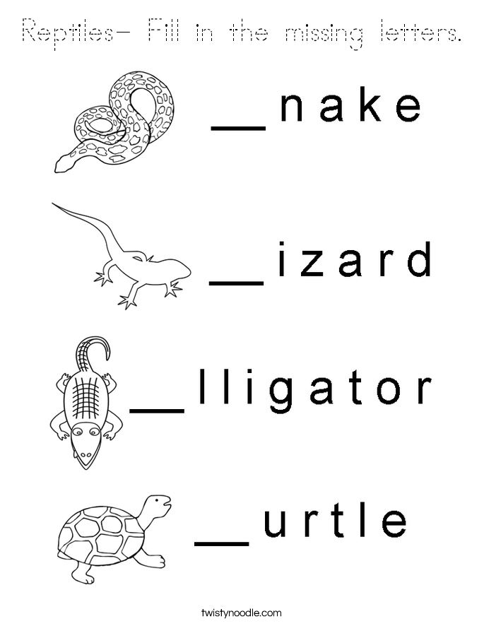 Reptiles- Fill in the missing letters. Coloring Page