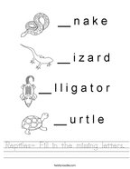 Reptiles- Fill in the missing letters Handwriting Sheet