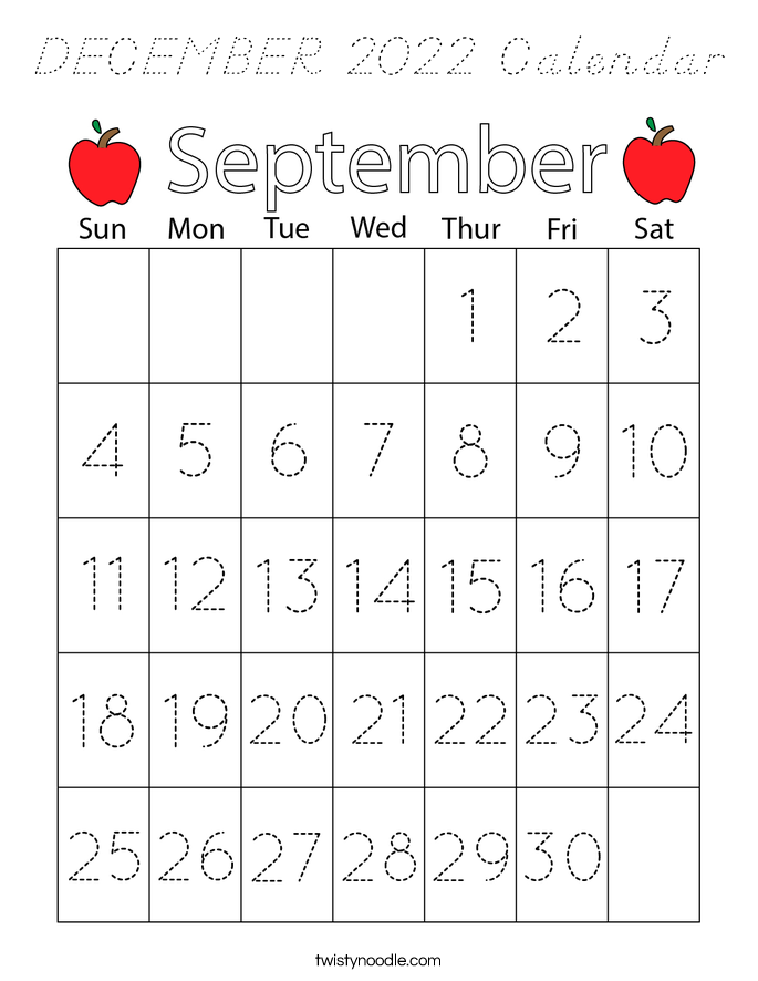 DECEMBER 2022 Calendar Coloring Page