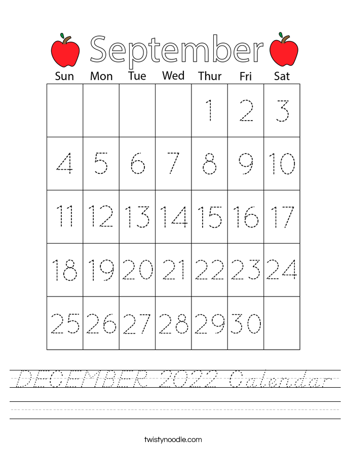 DECEMBER 2022 Calendar Worksheet