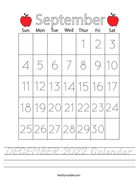 September 2020 Calendar Worksheet