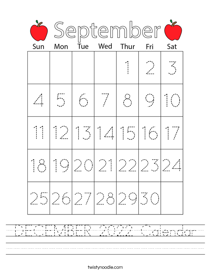 DECEMBER 2022 Calendar Worksheet