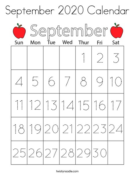 Download September 2020 Calendar Coloring Page Twisty Noodle