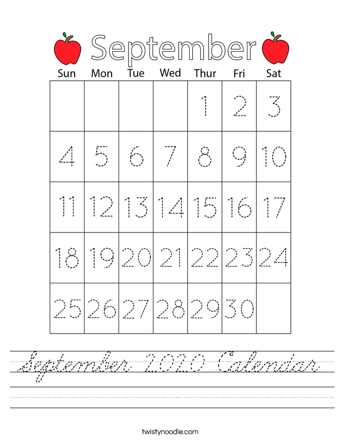 September 2020 Calendar Worksheet