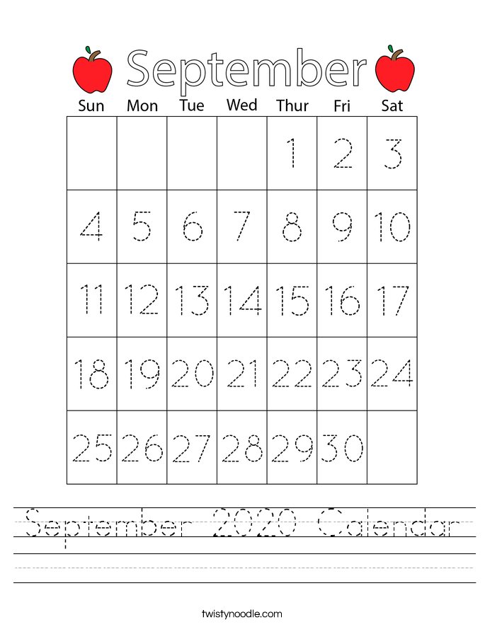 September 2020 Calendar Worksheet Twisty Noodle