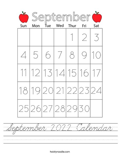 September 2020 Calendar Worksheet