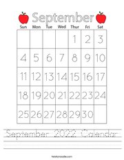 September 2022 Calendar Handwriting Sheet