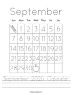 September 2025 Calendar Handwriting Sheet