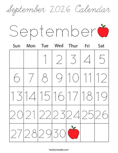 September 2026 Calendar Coloring Page