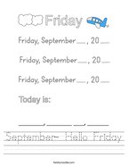 September- Hello Friday Handwriting Sheet