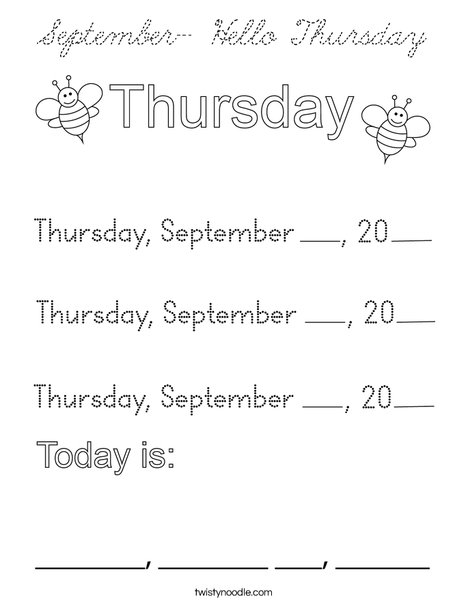 September- Hello Thursday Coloring Page