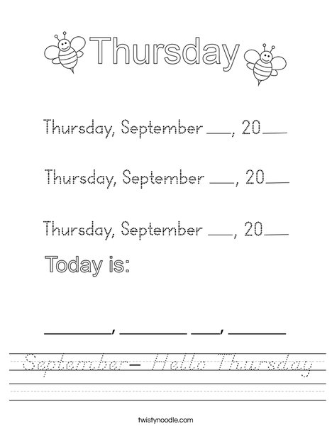 September- Hello Thursday Worksheet