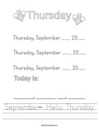 September- Hello Thursday Handwriting Sheet