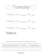 September- Hello Tuesday Handwriting Sheet