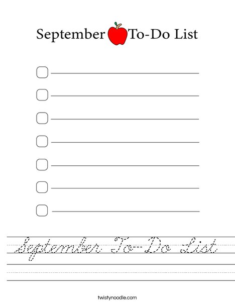 September To-Do List Worksheet - Cursive - Twisty Noodle