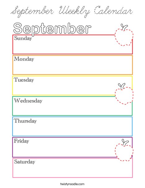 September Weekly Calendar Coloring Page