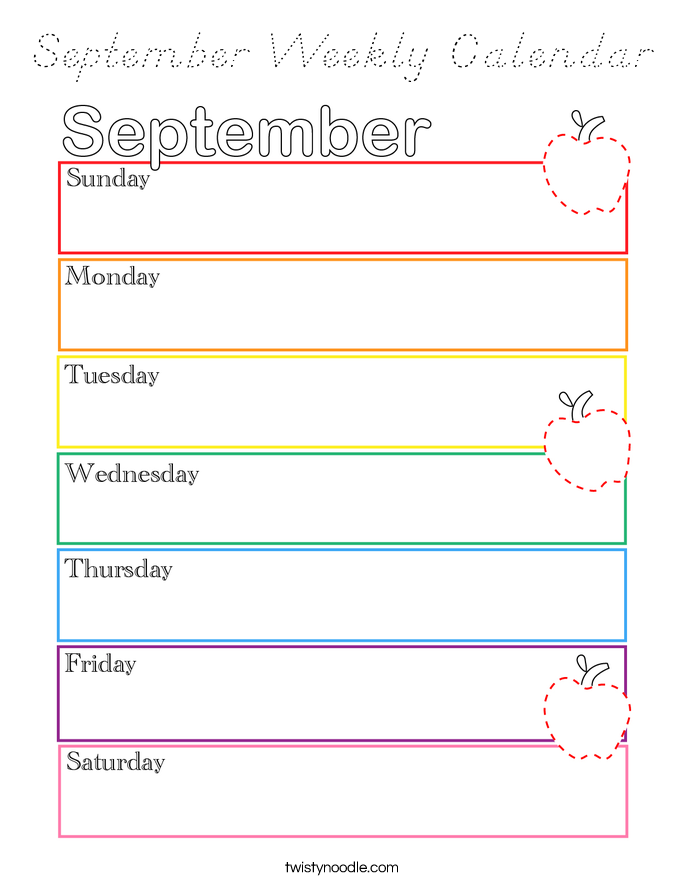 September Weekly Calendar Coloring Page