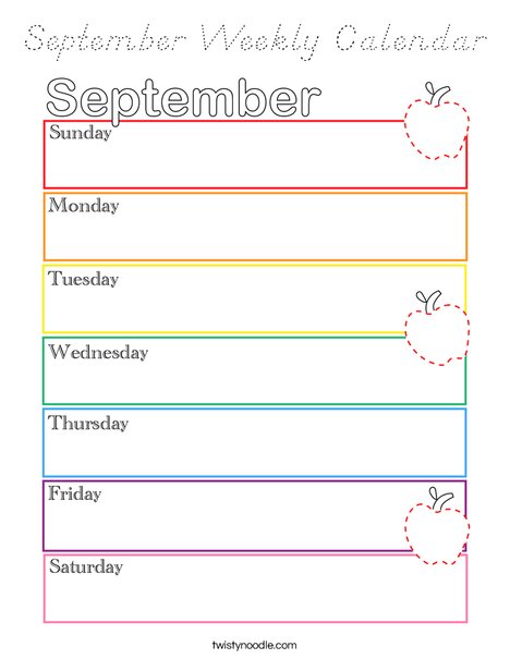September Weekly Calendar Coloring Page