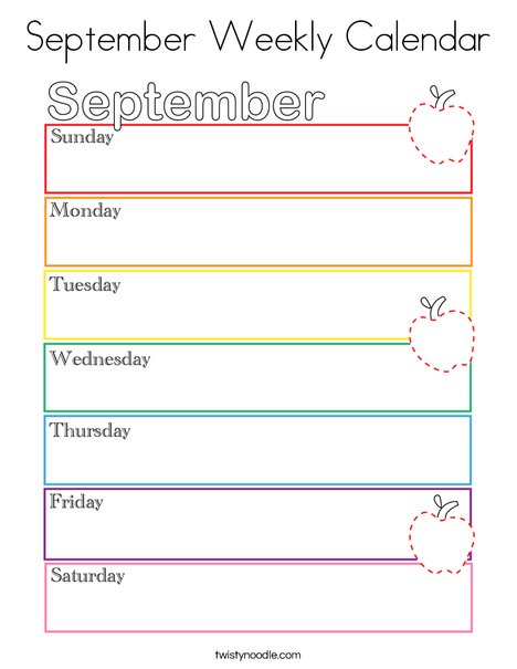 September Weekly Calendar Coloring Page