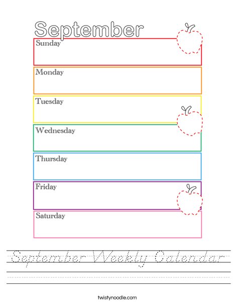 September Weekly Calendar Worksheet