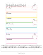 September Weekly Calendar Handwriting Sheet