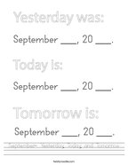 September- Yesterday, Today, and Tomorrow Handwriting Sheet