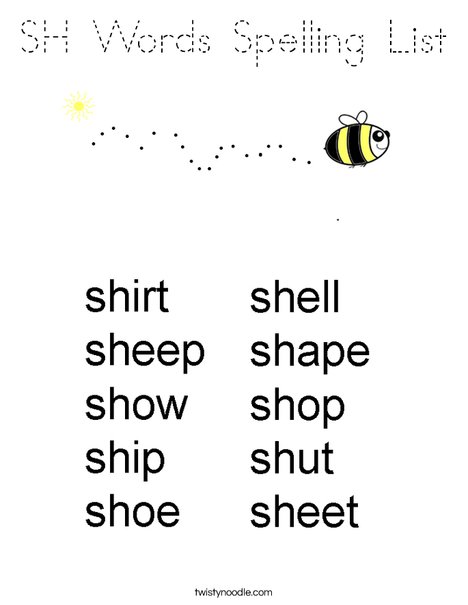 SH Words Spelling List Coloring Page