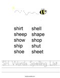 SH Words Spelling List Worksheet