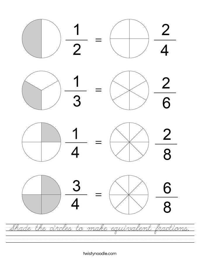 shade the circles to make equivalent fractions worksheet cursive