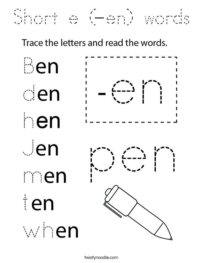 Short e (-en) words Coloring Page