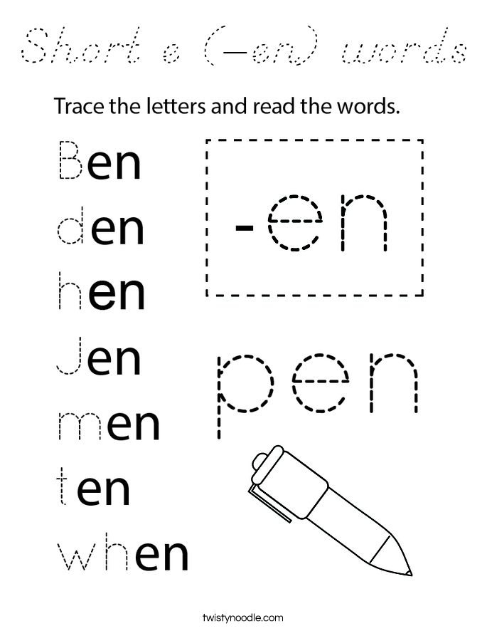 Short e (-en) words Coloring Page