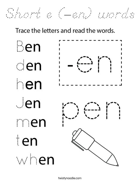 Short e (-en) words Coloring Page