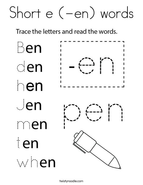 Short e (-en) words Coloring Page