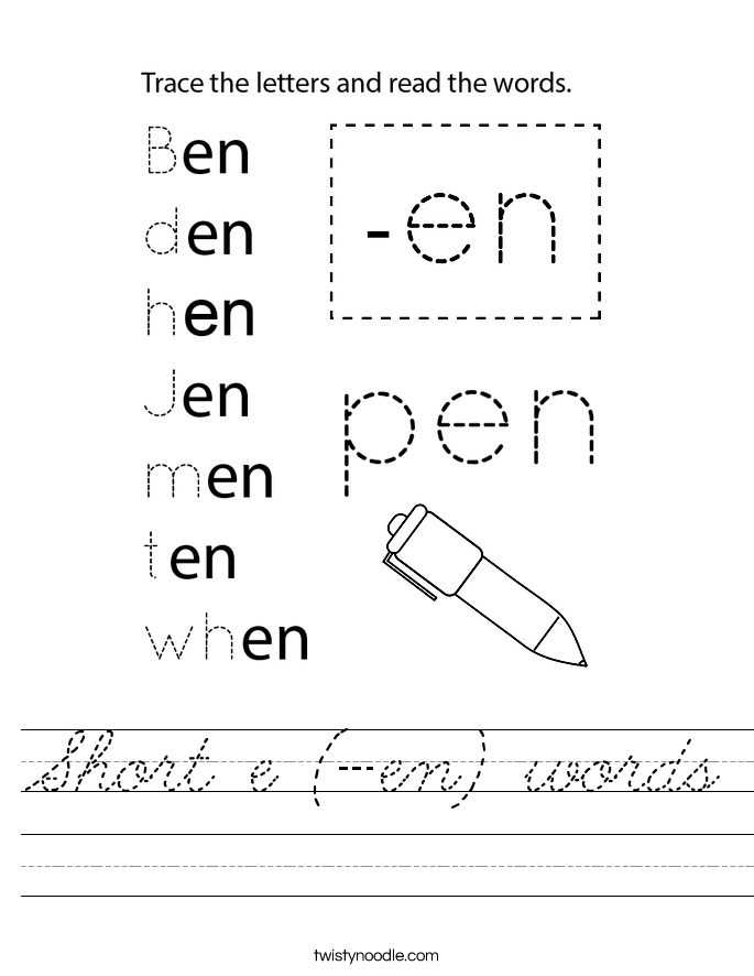 Short e (-en) words Worksheet