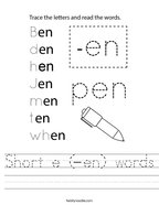 Short e (-en) words Handwriting Sheet
