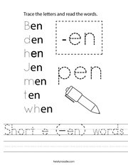 Short e (-en) words Handwriting Sheet