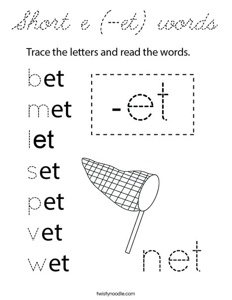 Short e (-et) words Coloring Page