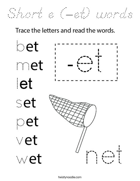 Short e (-et) words Coloring Page