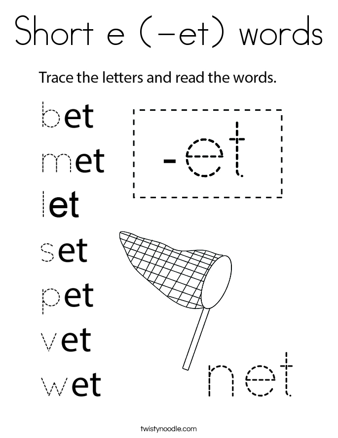 Short e (-et) words Coloring Page