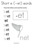 Short e (-et) words Coloring Page