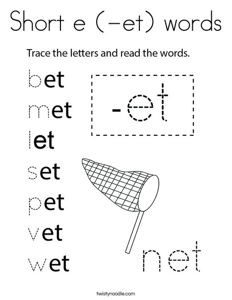 Short e (-et) words Coloring Page