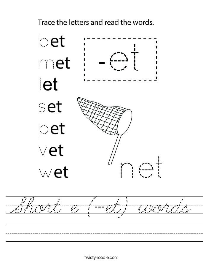 Short e (-et) words Worksheet